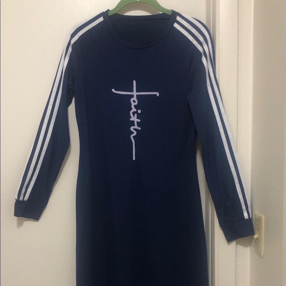 Navy Long Sleeve Sport Dress with White Stripe Detail